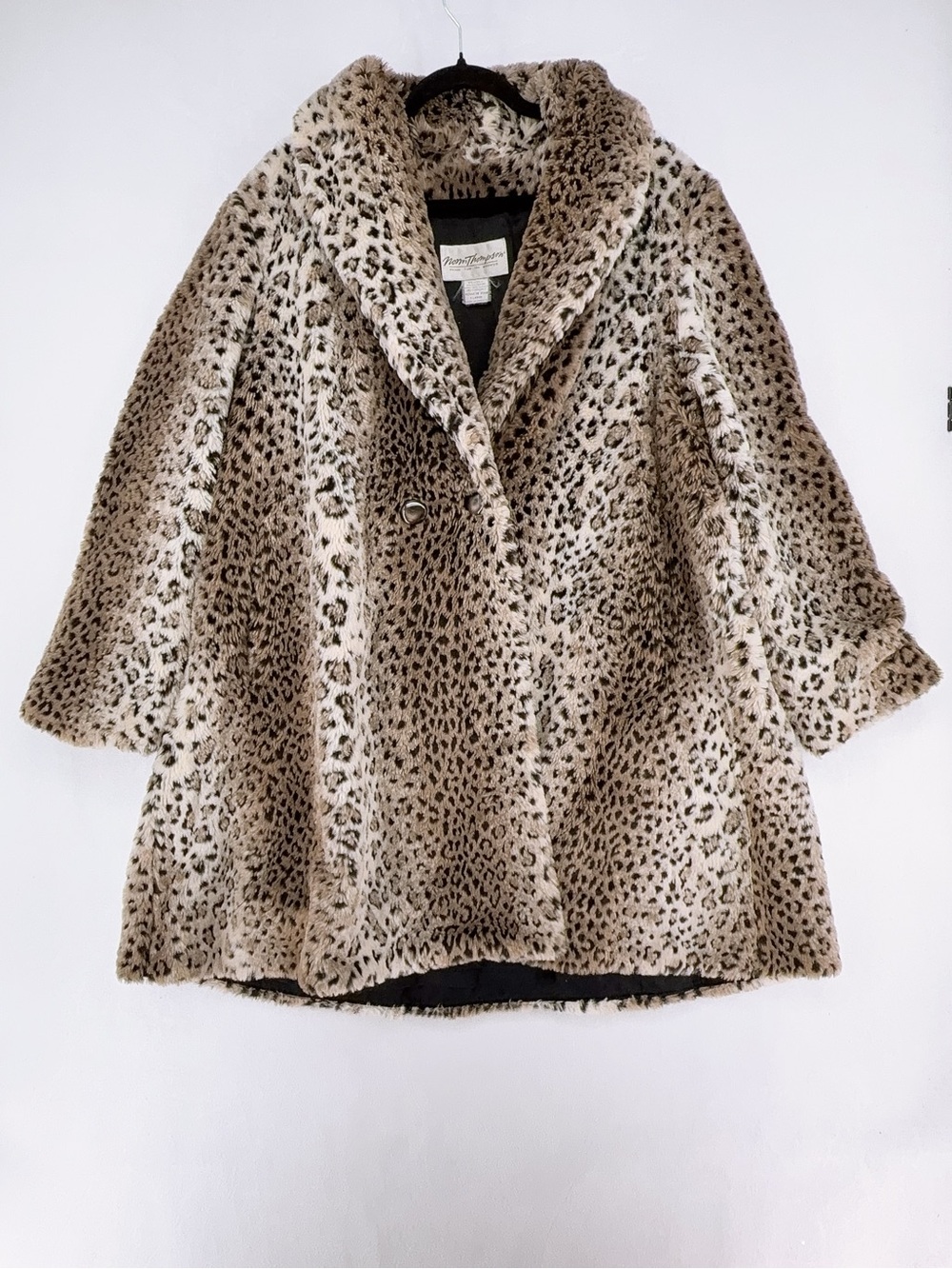 Vintage Norm Thompson Faux Fur Leopard Pea Coat - Taupe & Black size XL